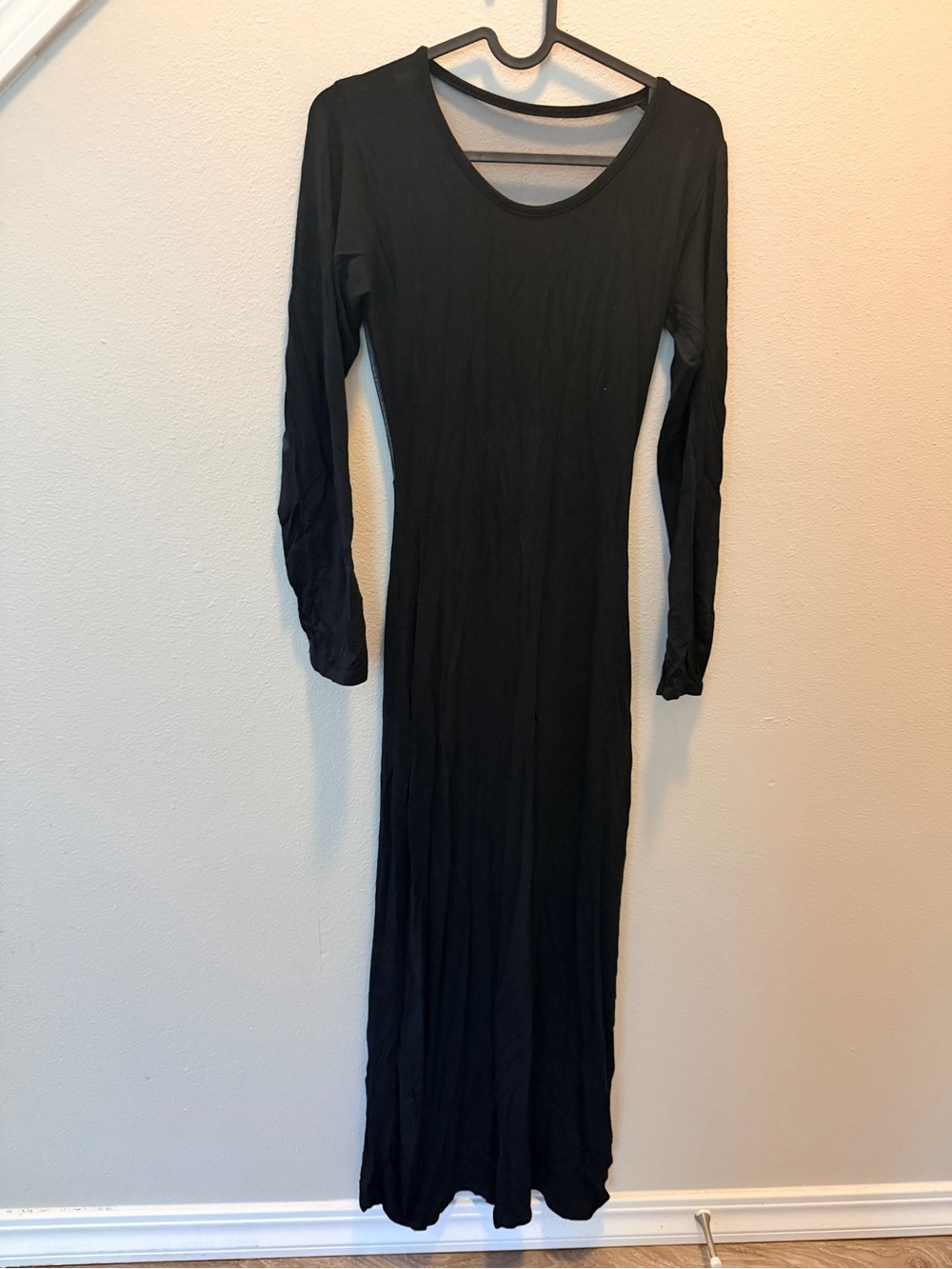 Classic Black Long Sleeve Maxi Dress with Open Mesh back